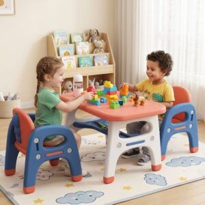 ESCRITORIO ROJO DE APRENDIZAJE PARA NIÑOS  (1 MESA + 2 SILLAS) MODELO DINOSAURIO