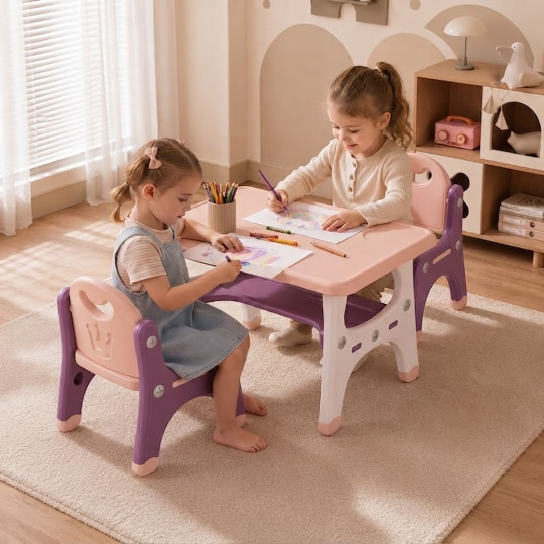 JUEGO DE 1 MESA Y 2 SILLAS INFANTIL MORADO ROSA